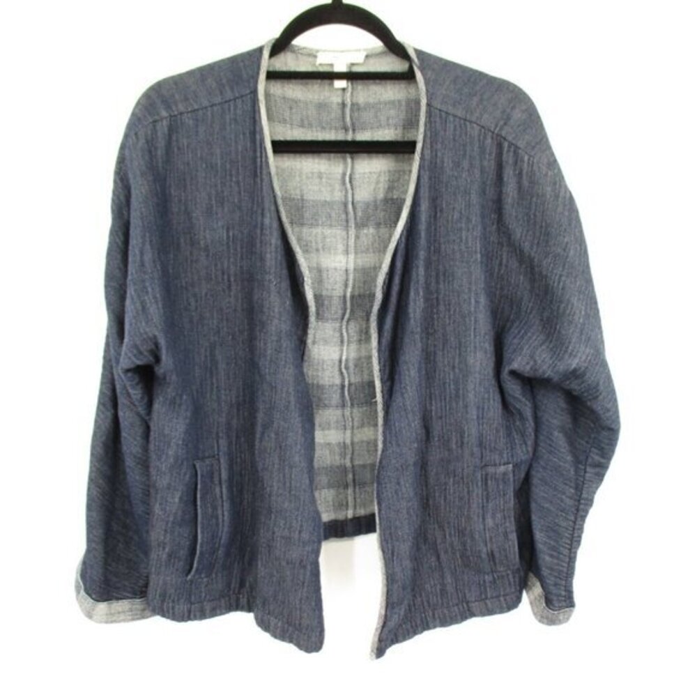 Eileen Fisher Sweater Womens L Chambray Open Front Jacket Cardigan Blue
